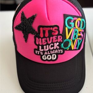 #Gifted# to a very special young lady Pink and Black Trucker Hat with Patches